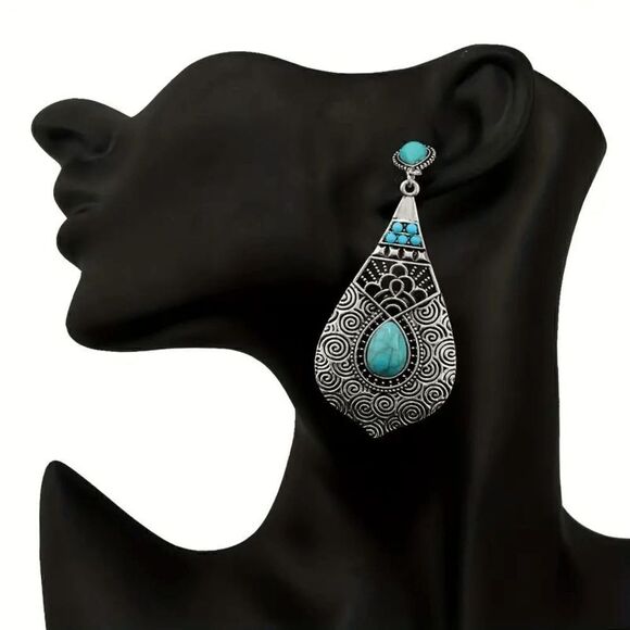 Bohemian Western Teardrop Turquoise Dangle Earrings - Picture 5 of 6